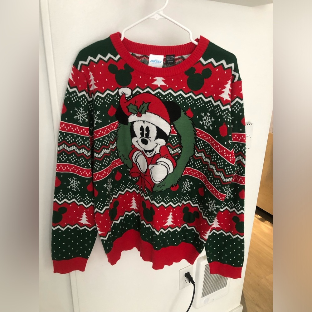 Disney Mickey Mouse XL sweater with red and green Christmas holiday pattern.